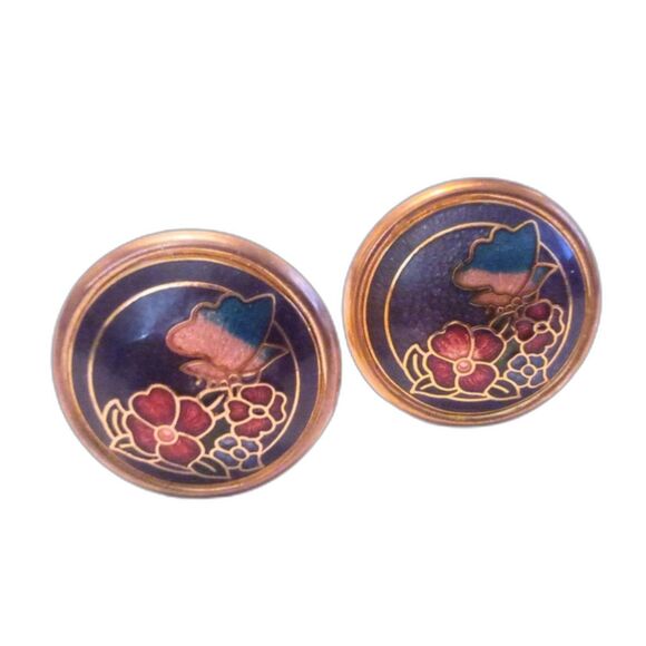 Vintage Gold Tone Purple Flower and Butterfly Cloisonne Clip Earrings - Picture 1 of 5